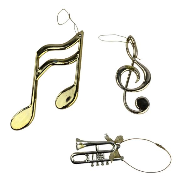 Gold Musical Theme Christmas Tree Ornaments Set Of 3 Notes Treble Clef Trumpet - Picture 8 of 9